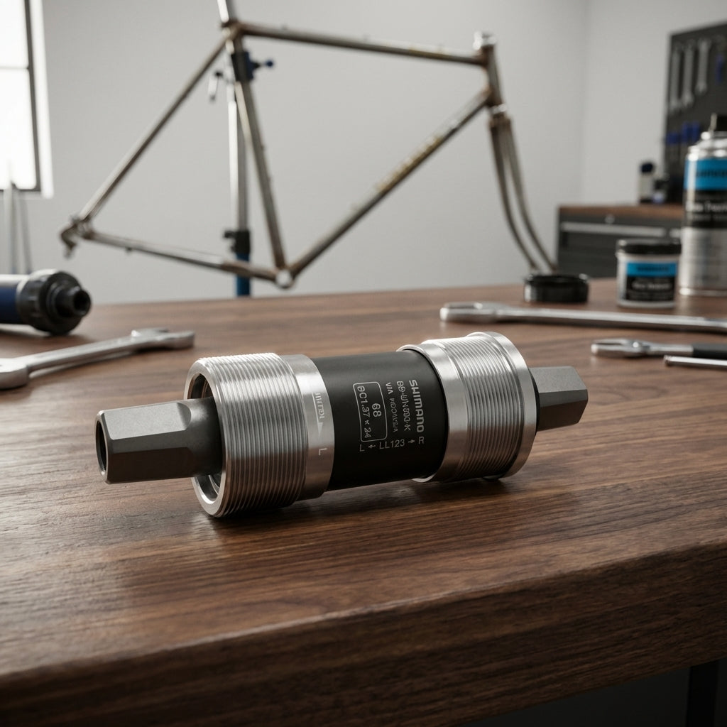 SHIMANO UN300 BSA Innenlager 73/122,5 mm auf Holzwerkbank mit Fahrradrahmen und Werkzeug.