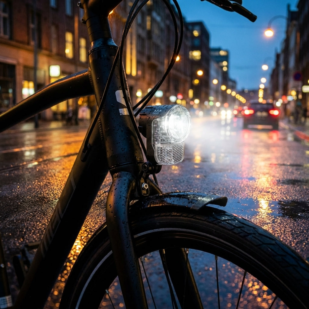 Axa Pico 30 Switch LED Scheinwerfer schwarz am Fahrrad, leuchtet auf nasser Stadtstraße bei Nacht.
