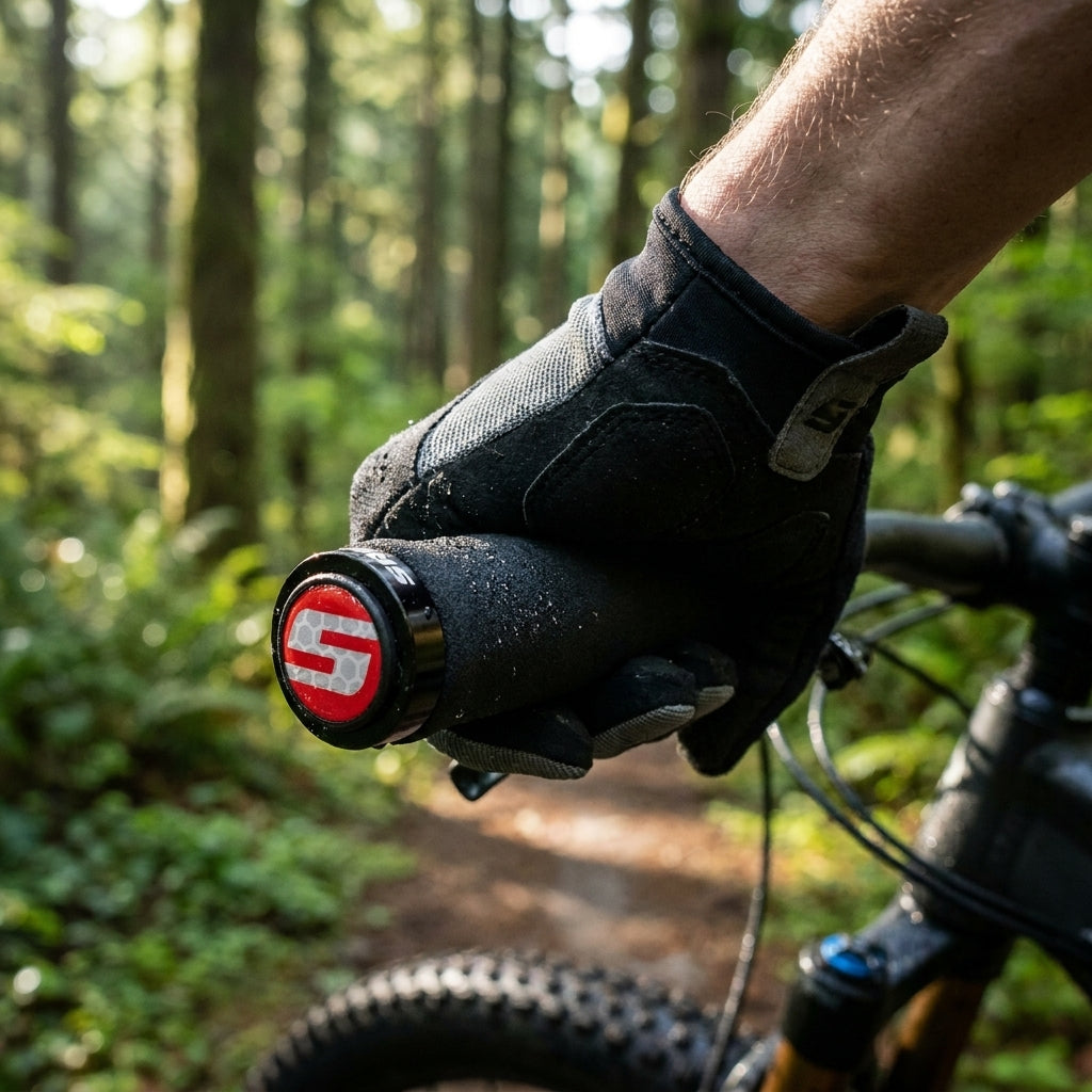 SRAM Lockring Schaumstoff Griffe schwarz am Mountainbike im Wald, Hand hält den Lenker fest.