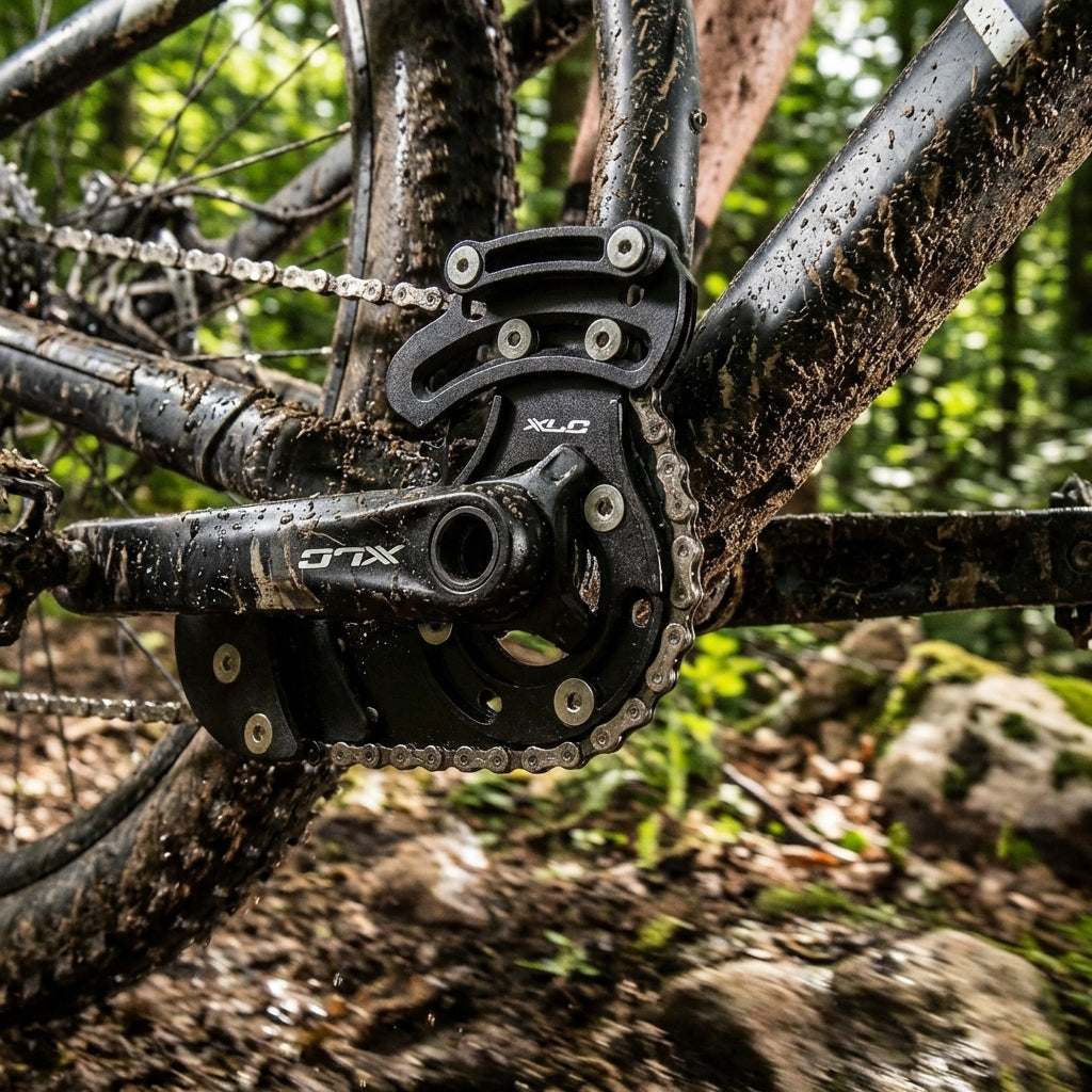 XLC Kettenführung CR-A08 Tretlagerbefestigung an matschigem Mountainbike auf Waldtrail.