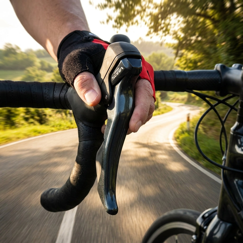 SHIMANO SORA ST-R3000 Rennrad-Schalthebel links 2-fach am Lenker, von Hand gegriffen während Fahrt.