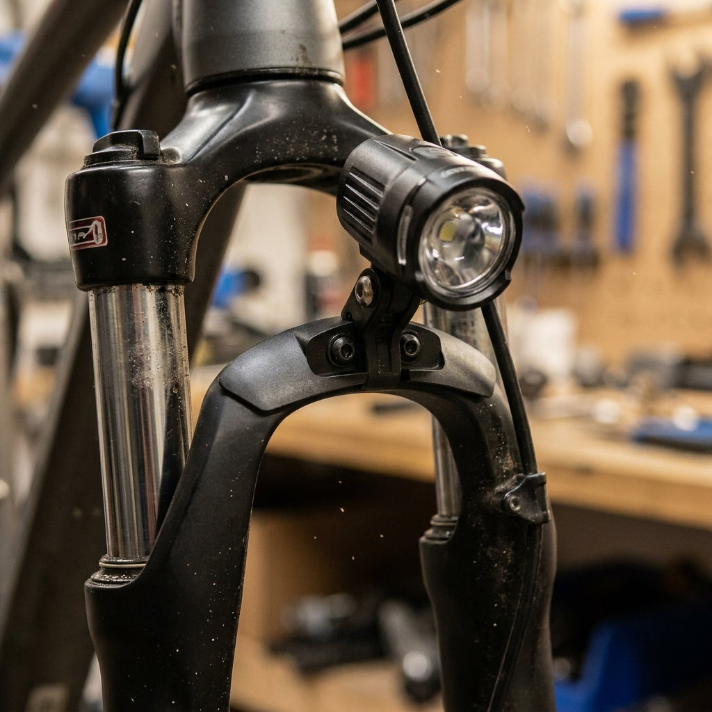 SR-Suntour Scheinwerfer Sockelblende breit für CR9V/NCX Fahrrad-Gabelbrücke, am E-Bike montiert.