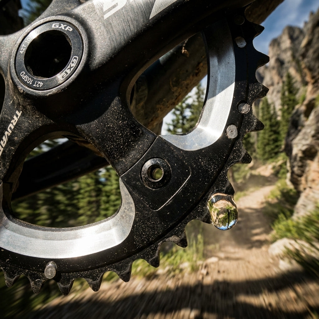 SRAM Truvativ GXP MTB 42T 2x10 Kettenblatt, langer Schaltpin, auf dreckigem Mountainbike-Trail.