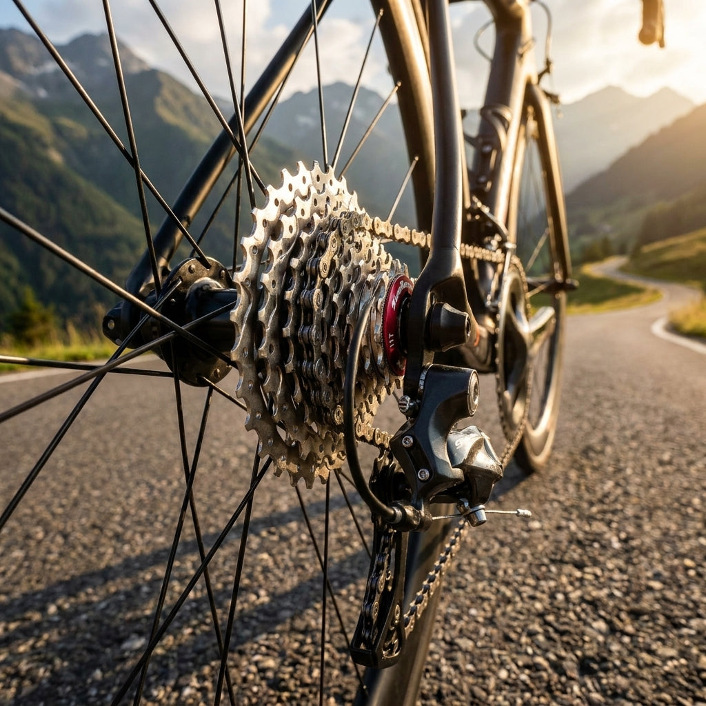Leichte SunRace CSRX1 11-fach Rennrad-Kassette 11-36T am Hinterrad für präzise Schaltperformance auf Bergstraße.