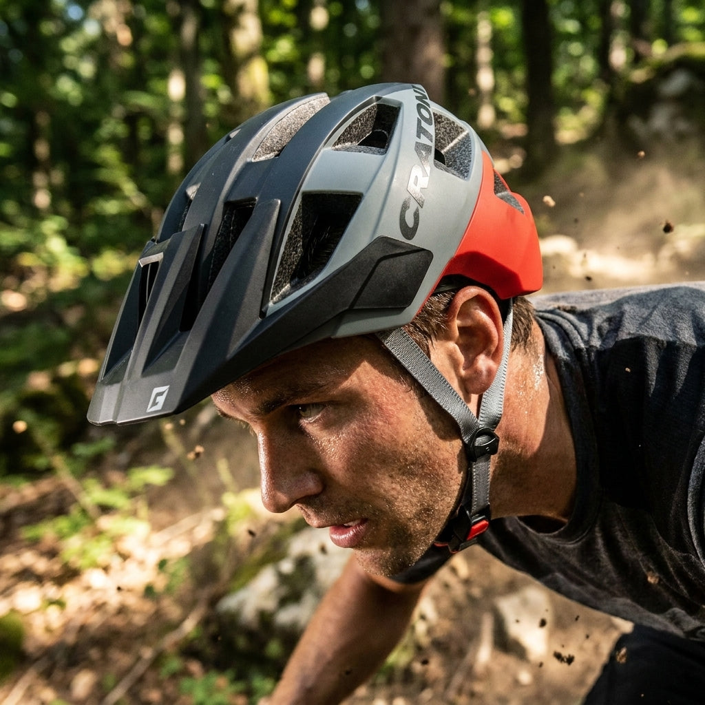 Mountainbiker trägt Cratoni AllSet MTB Helm rot-schwarz matt M/L auf staubigem Trail.