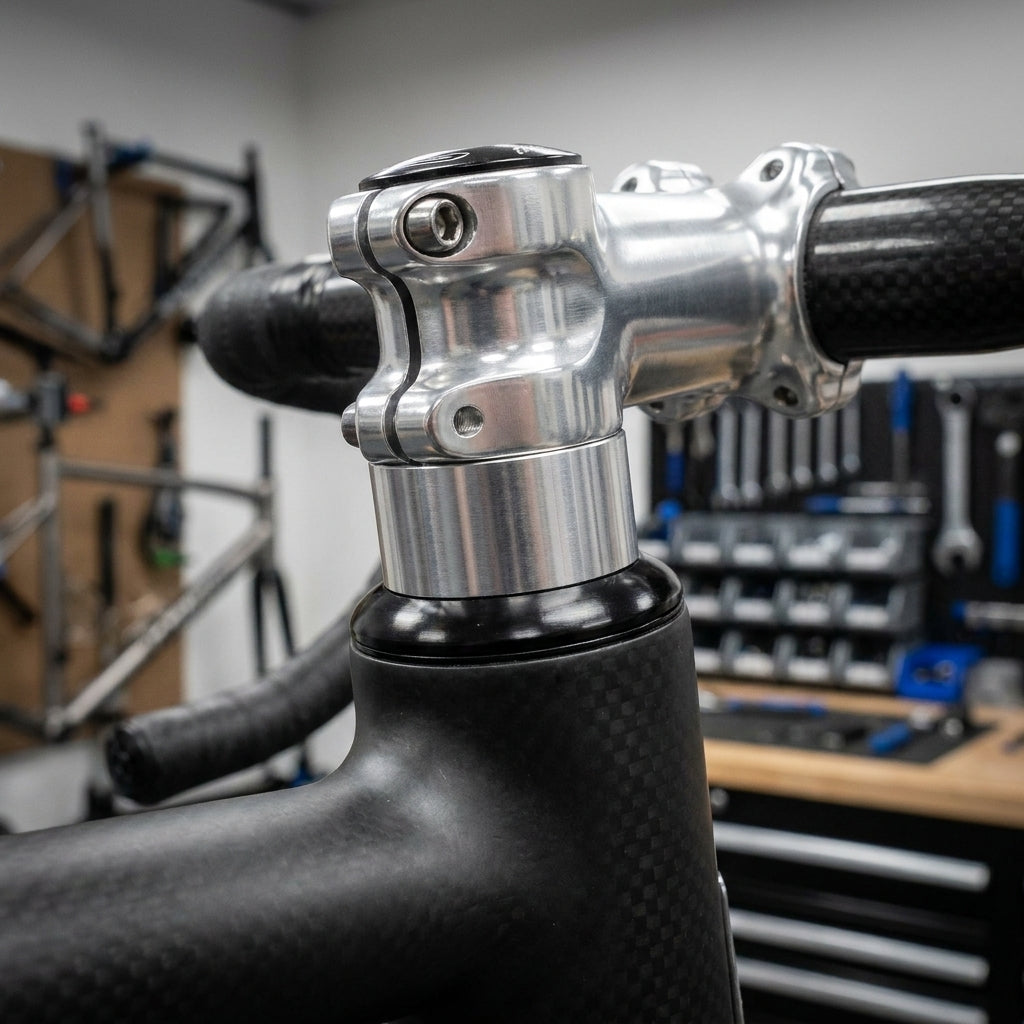 Fahrrad-Steuersatz mit Humpert Spacer 10mm Alu silber und silbernem Vorbau an Carbon-Gabel.