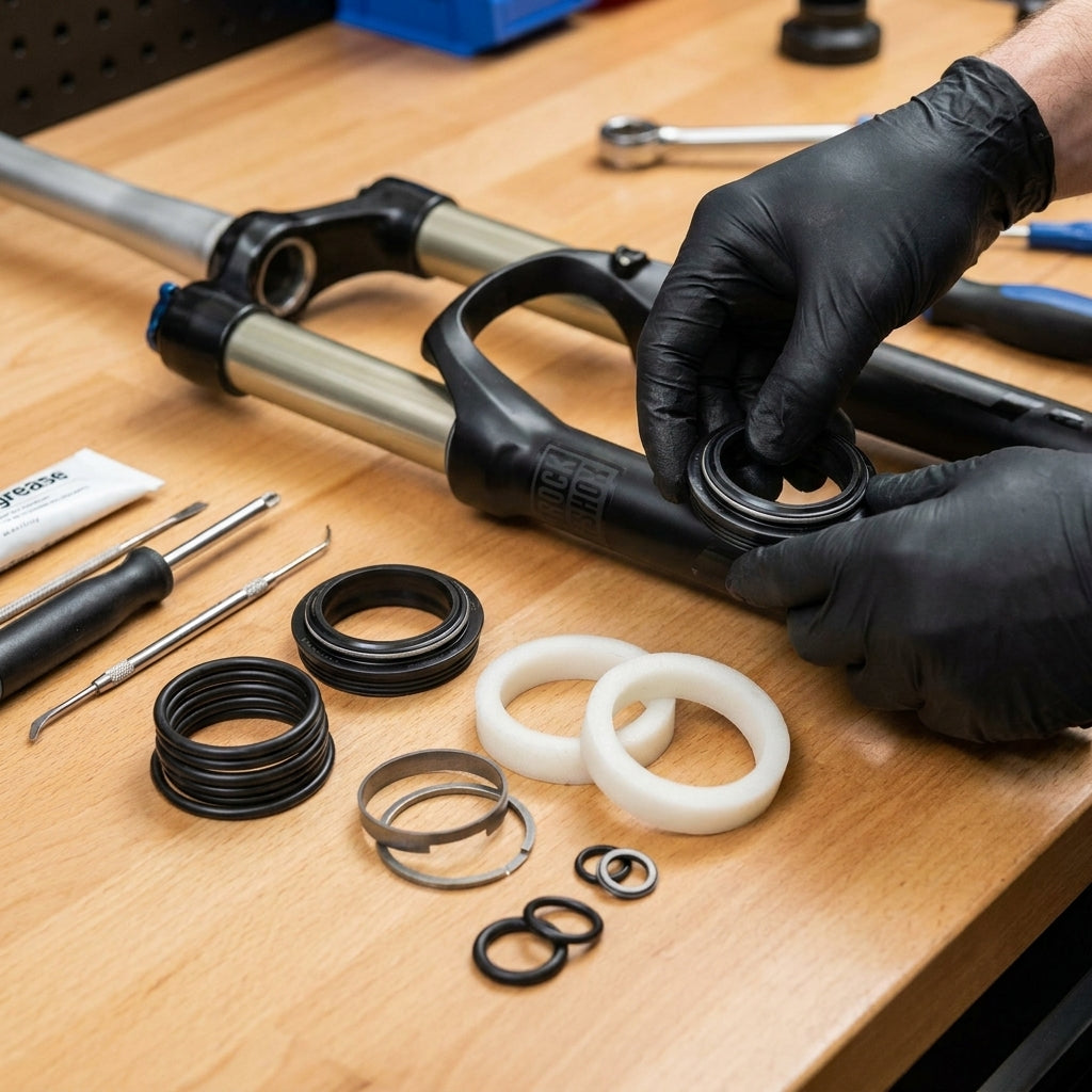 RockShox Reba A3 Federgabel Service-Kit: Dichtungen, Buchsen und Werkzeuge für die Gabelwartung.