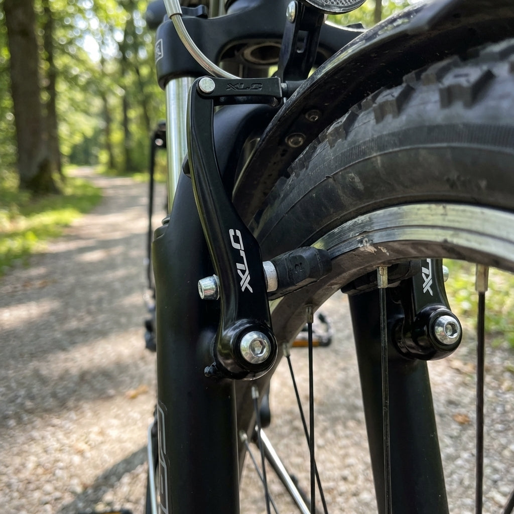 XLC Cantilever-Brake BR-C04 Alu schwarz Felgenbremse am Vorderrad eines Fahrrads auf Waldweg.