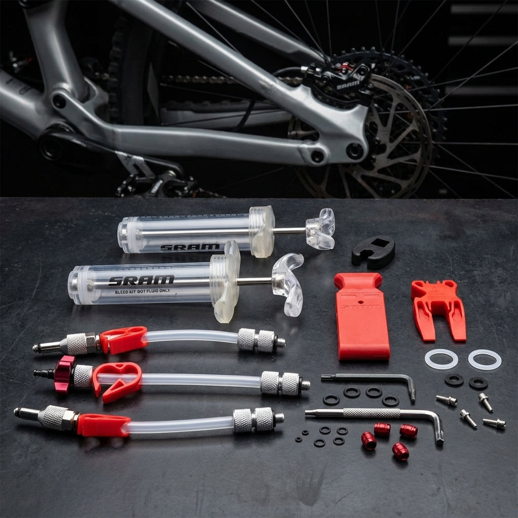SRAM Pro V2 Scheibenbremsen Entlüftungs-Kit mit Spritzen, Schläuchen und Werkzeugen auf dunklem Hintergrund, Fahrradbremse ob