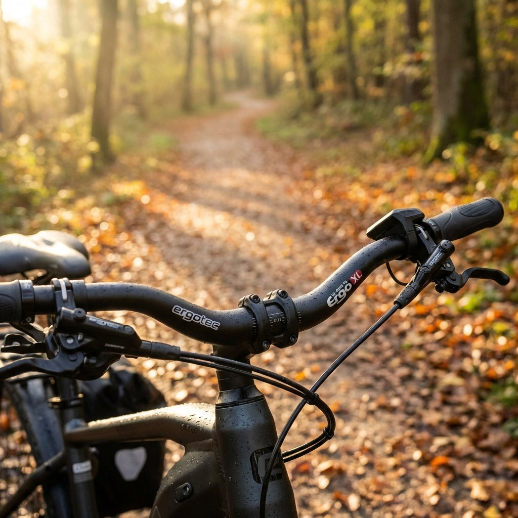 Ergotec Ergo XL Alu Lenkerbügel schwarz matt auf Fahrrad mit Regentropfen im herbstlichen Wald.