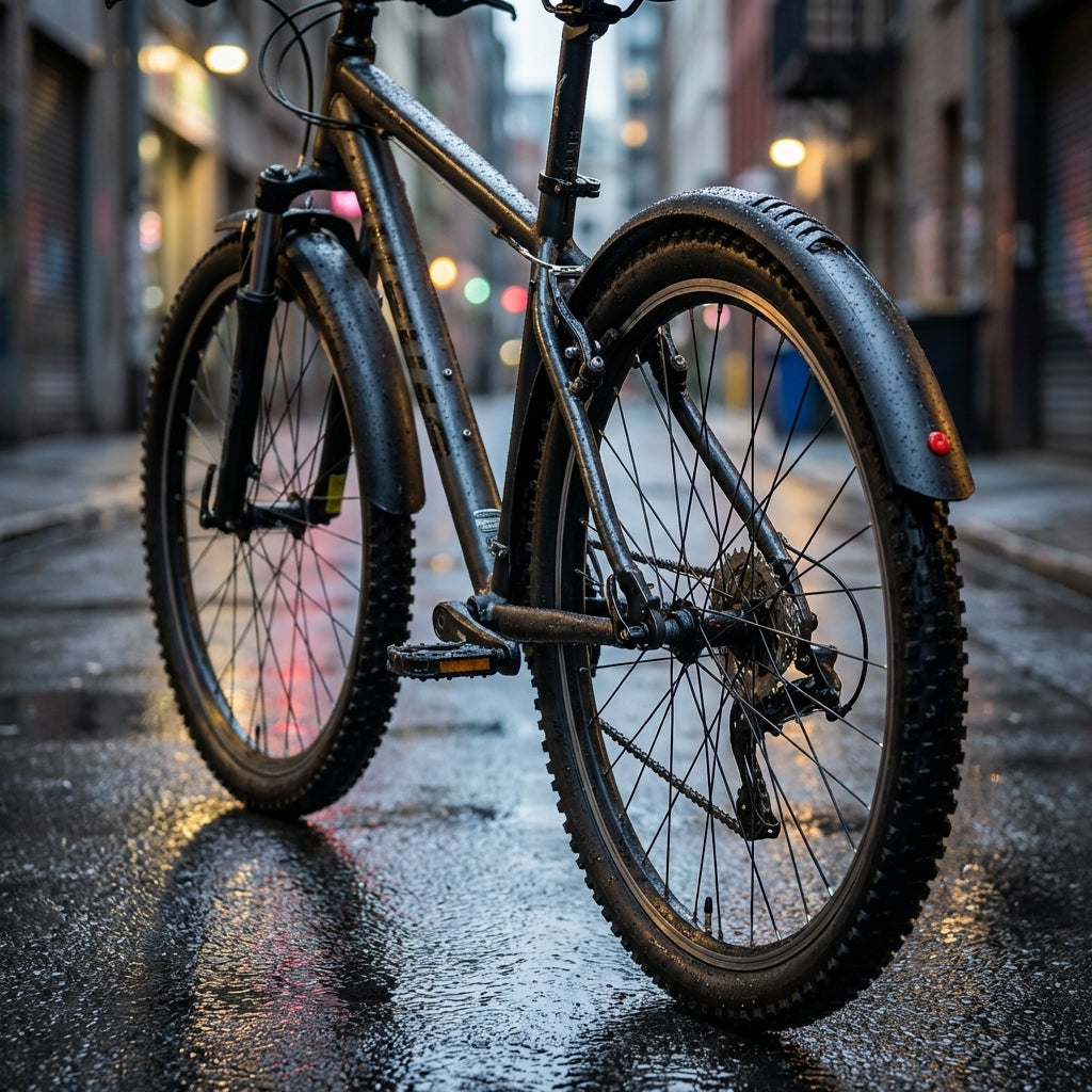 Hebie Steckblechset Taipan 24 schwarz 55mm mit Spritzschutz an einem Fahrrad auf nasser Straße in der Stadt.