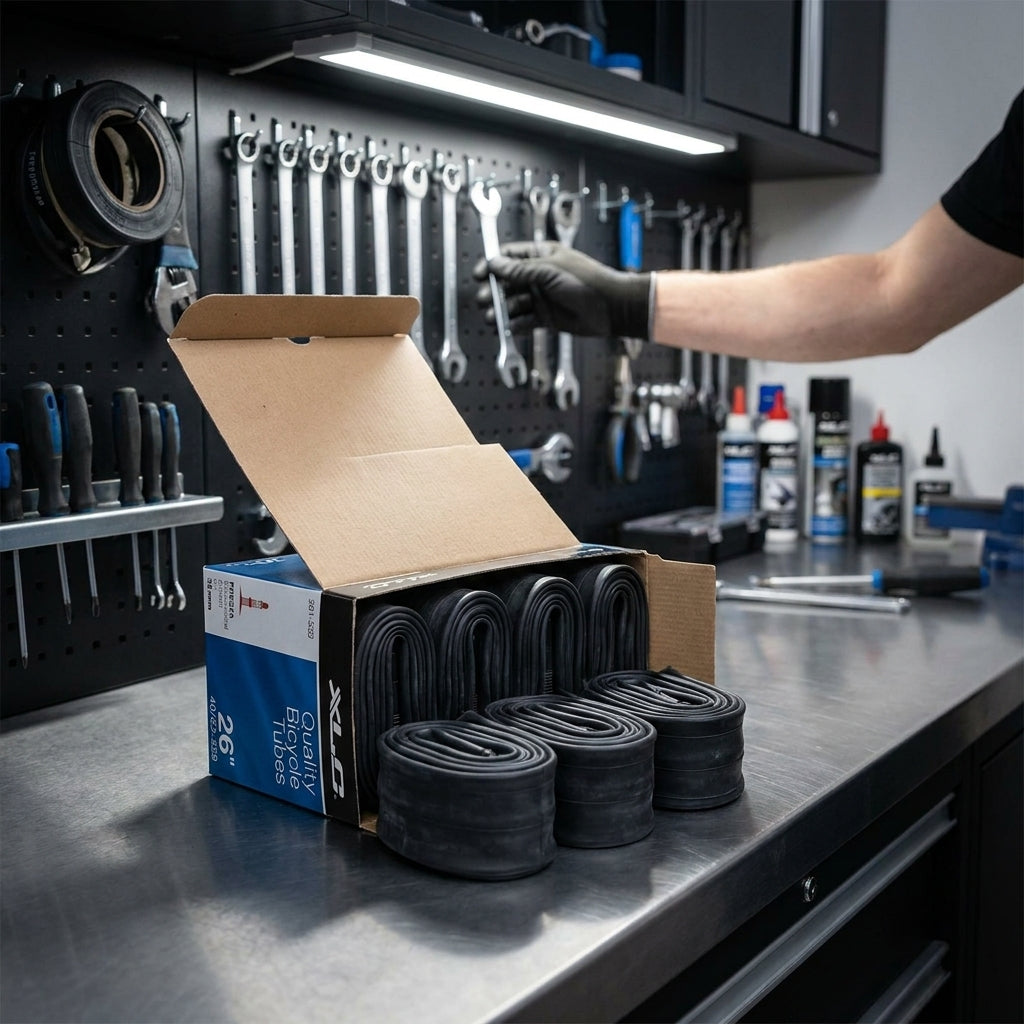 XLC Fahrradschlauch 50er Werkstattbox 26 Zoll auf Metallwerkbank, im Hintergrund Werkzeuge.