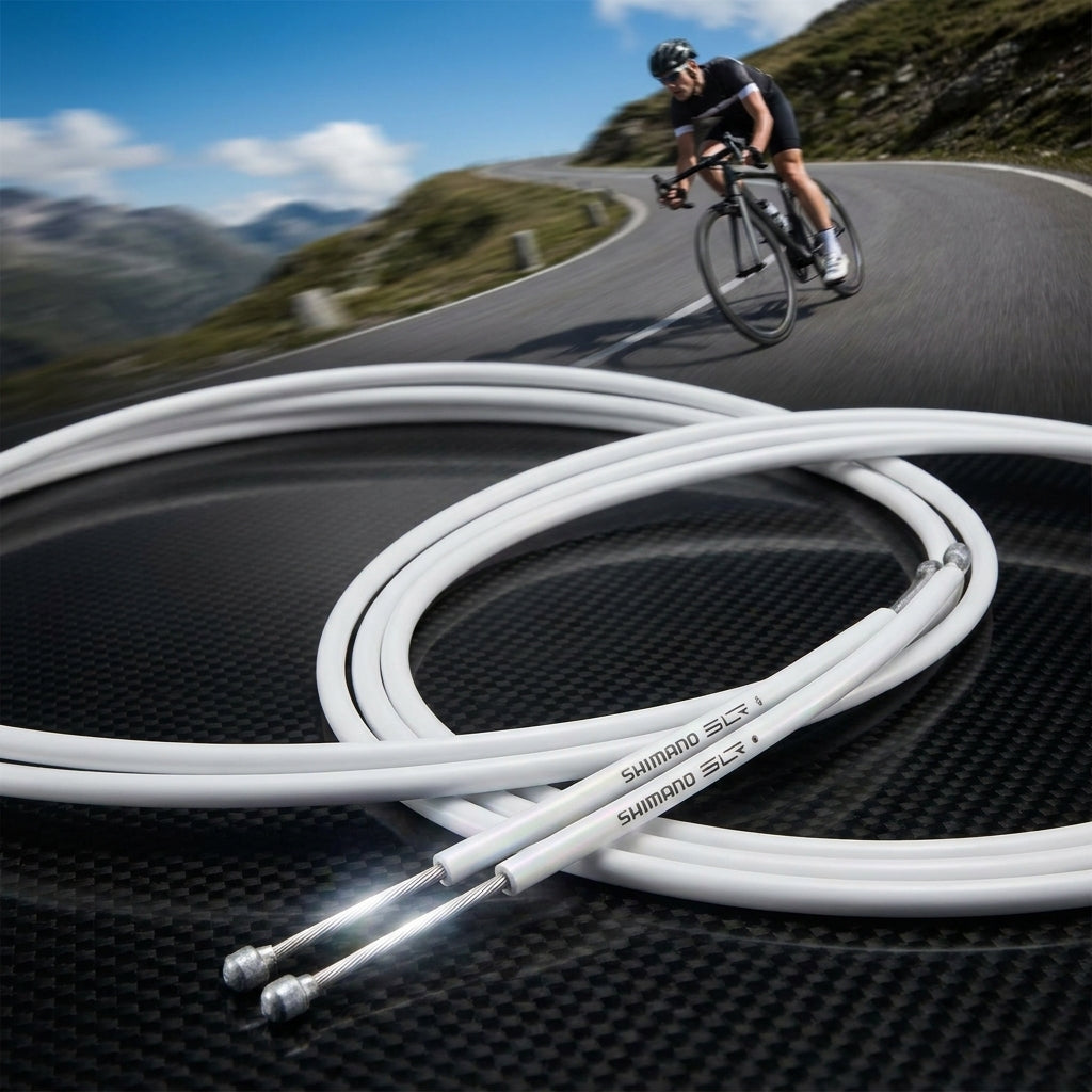SHIMANO Bremszug-Set Road SIL-TEC beschichtet, weiß, auf Carbon, mit Rennradfahrer auf Bergpass.