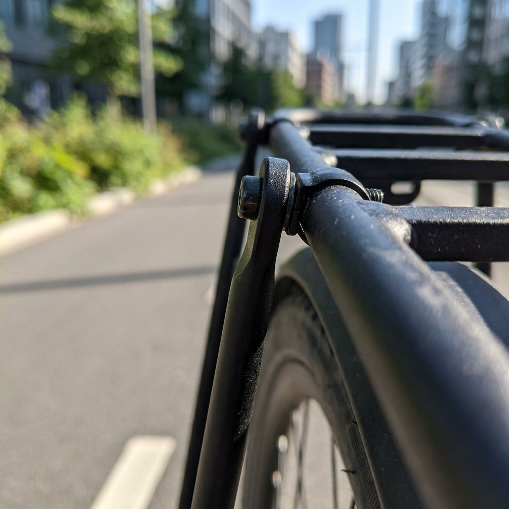 Racktime Befestigungsstrebe HR-Träger schwarz am Fahrrad montiert, Detailansicht auf Straße.