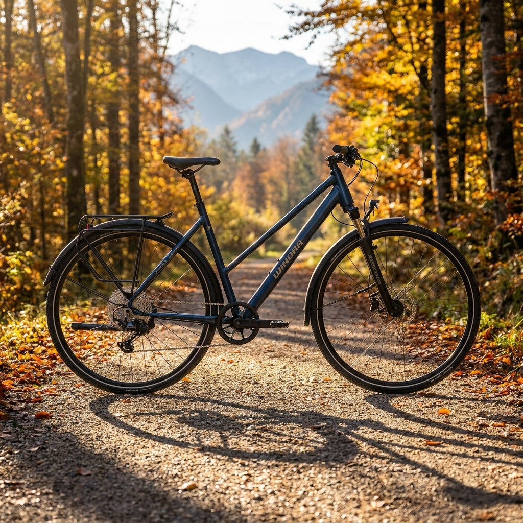 Winora DOMINGO X12 PRO Trekkingrad in Kavallerieblau im sonnigen Herbstwald auf Schotterweg, Berge im Hintergrund.