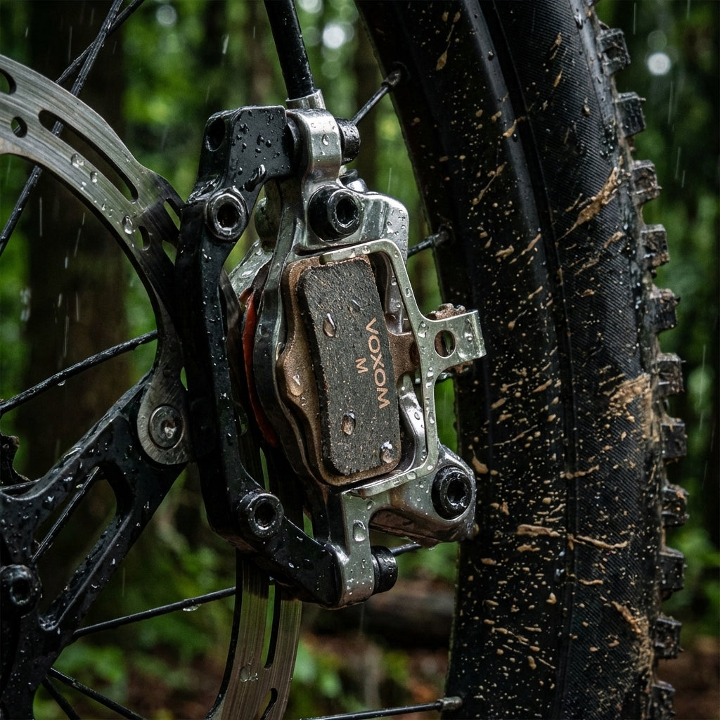 Voxom Scheibenbremsbeläge Bsc7S gesintert, nass und schlammig am Mountainbike.