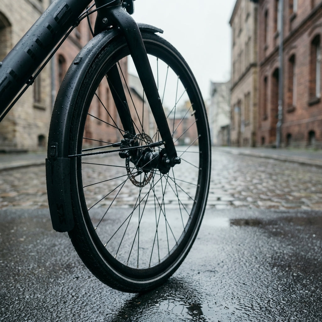 SKS Bluemels Style 28" Vorderrad-Schutzblech, schwarz matt, am Fahrrad auf nasser Kopfsteinpflasterstraße.