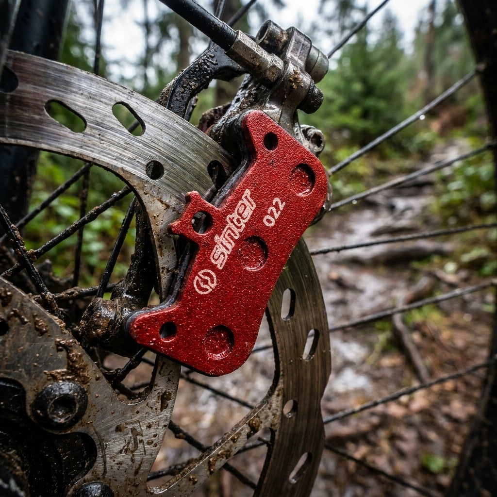 Roter Sinter 022 MTB Scheibenbremsbelag organisch an schlammiger Fahrradbremse auf Trail.