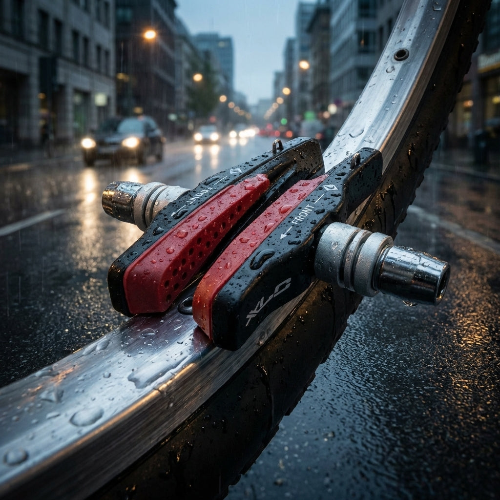 XLC V-Brake Bremsschuhe BS-V03 schwarz/rot, nass auf Felge, optimiert für Nassbremsverhalten, im Stadtregen.