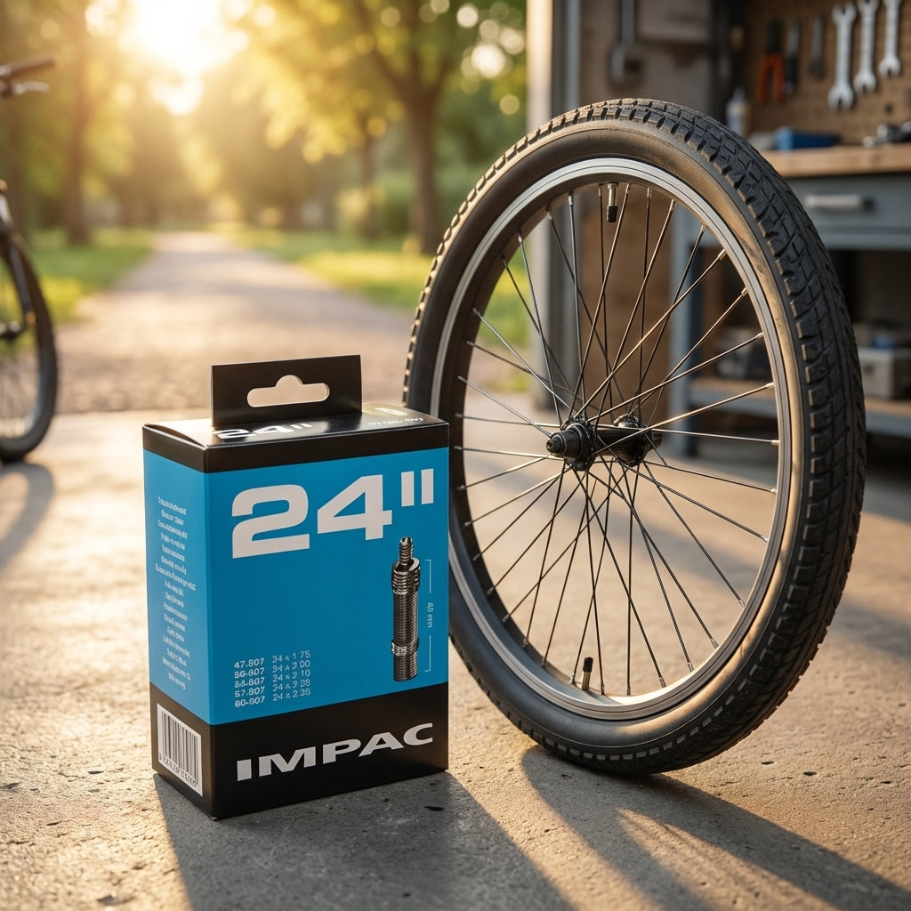 Impac Fahrradschlauch 24 Zoll mit Dunlop-Ventil 40mm in Verpackung neben Fahrradreifen und -felge im Freien.