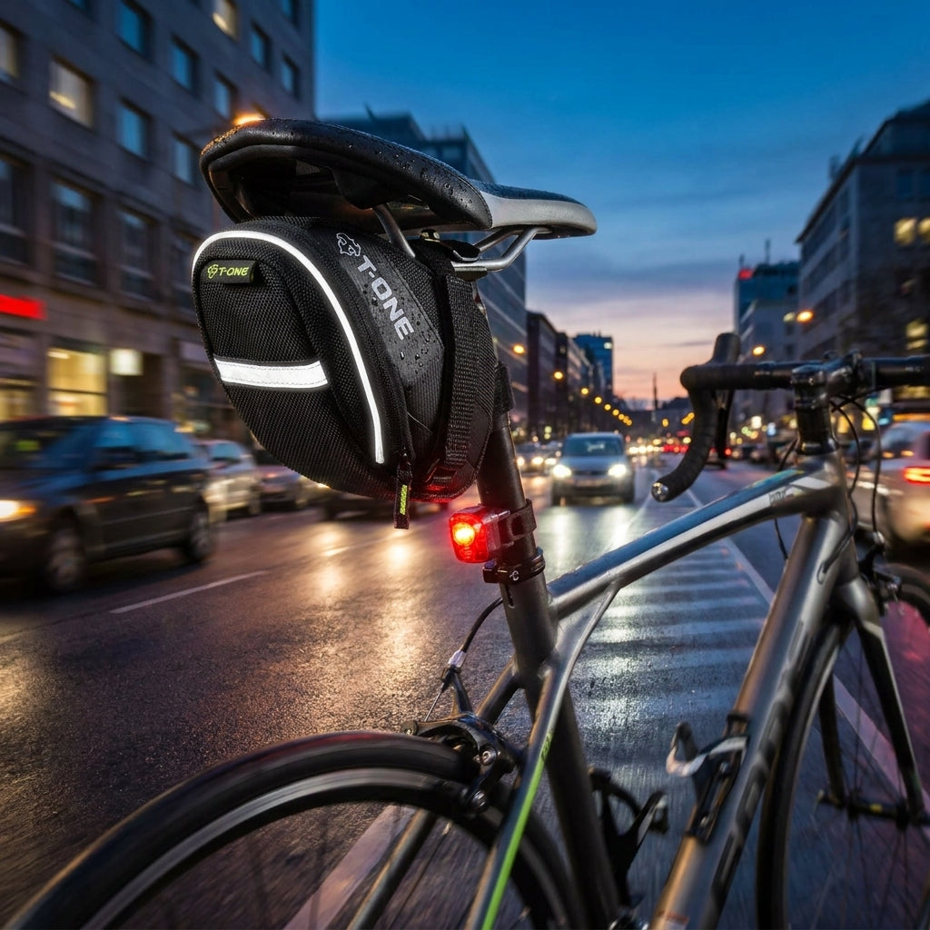 T-One Satteltasche PAC TPU schwarz grün reflektierend am Fahrradsattel mit Rücklicht in der Stadt bei Nacht.