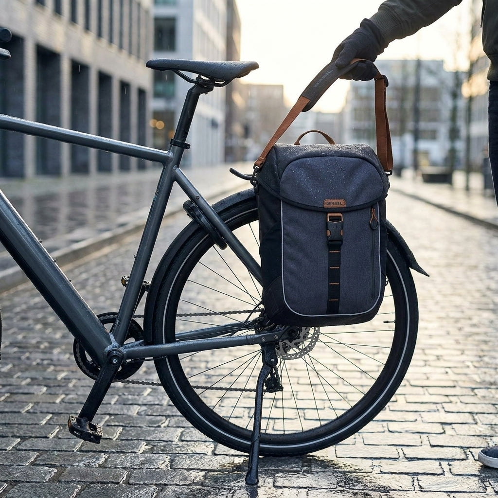 Wasserdichte Basil Miles Fahrrad-Einzeltasche black slate 14l am grauen Rad auf nasser Stadtstraße.