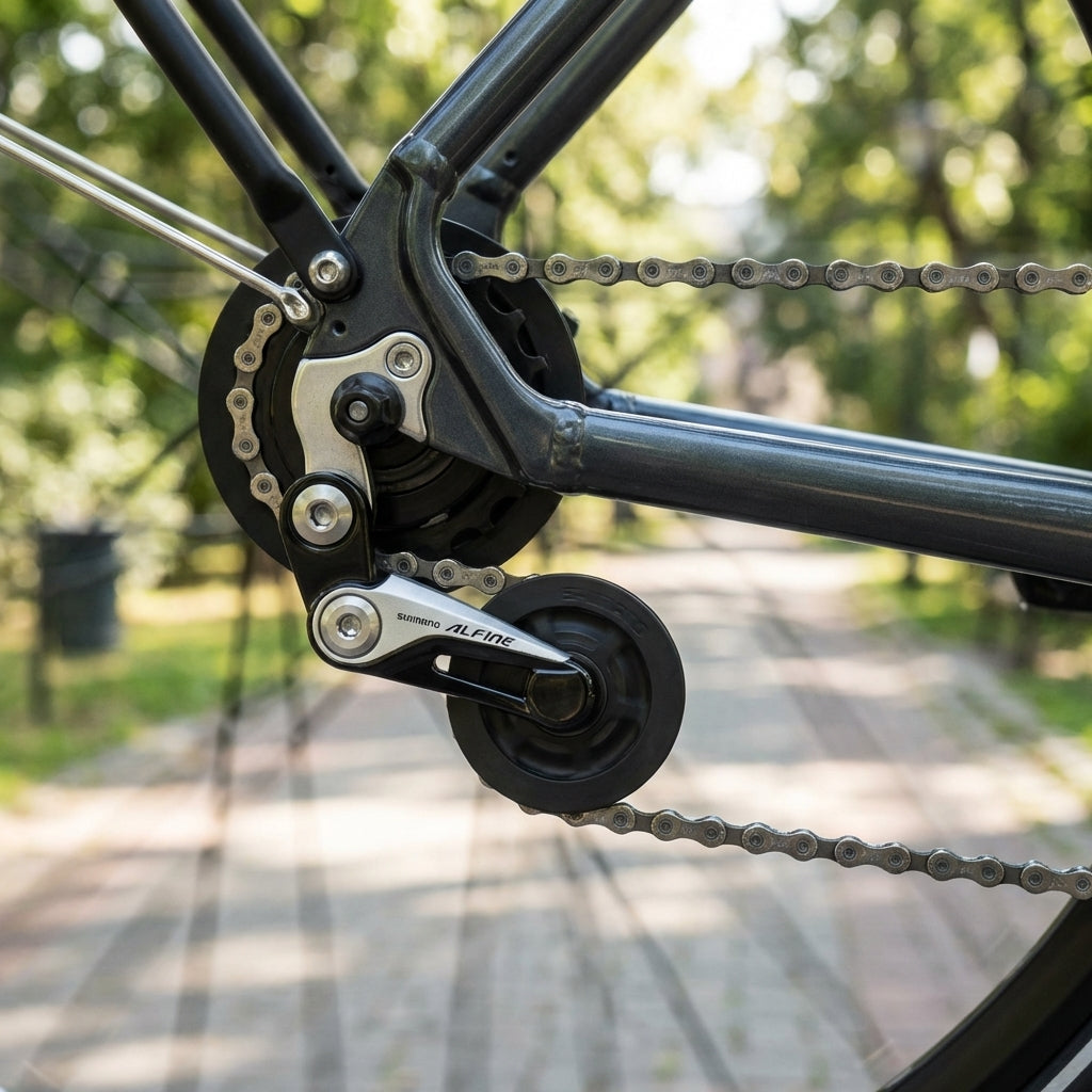 SHIMANO ALFINE Kettenspanner schwarz silber am Fahrrad für Nabenschaltung.