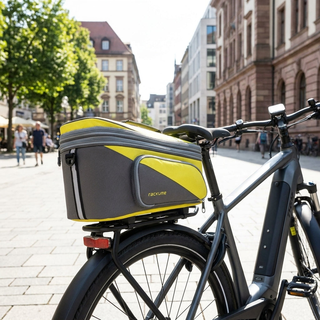 Racktime Gepäckträgertasche Trunkbag TALIS PLUS 2.0 gelb grau 15 Liter auf E-Bike in der Stadt.