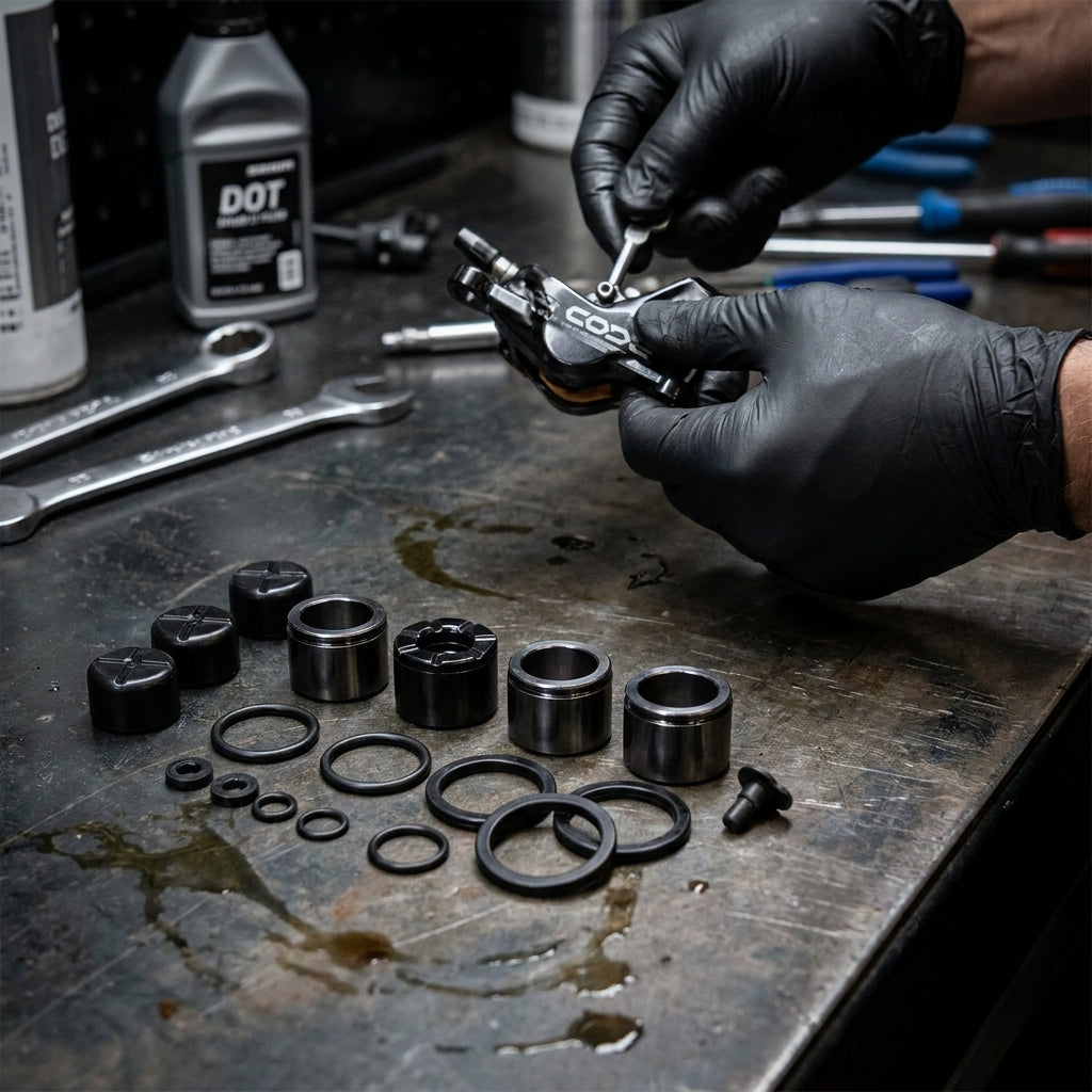 SRAM Code Scheibenbremse Service: Monteur montiert präzises Caliper Piston Kit mit Kolben und Dichtungen.