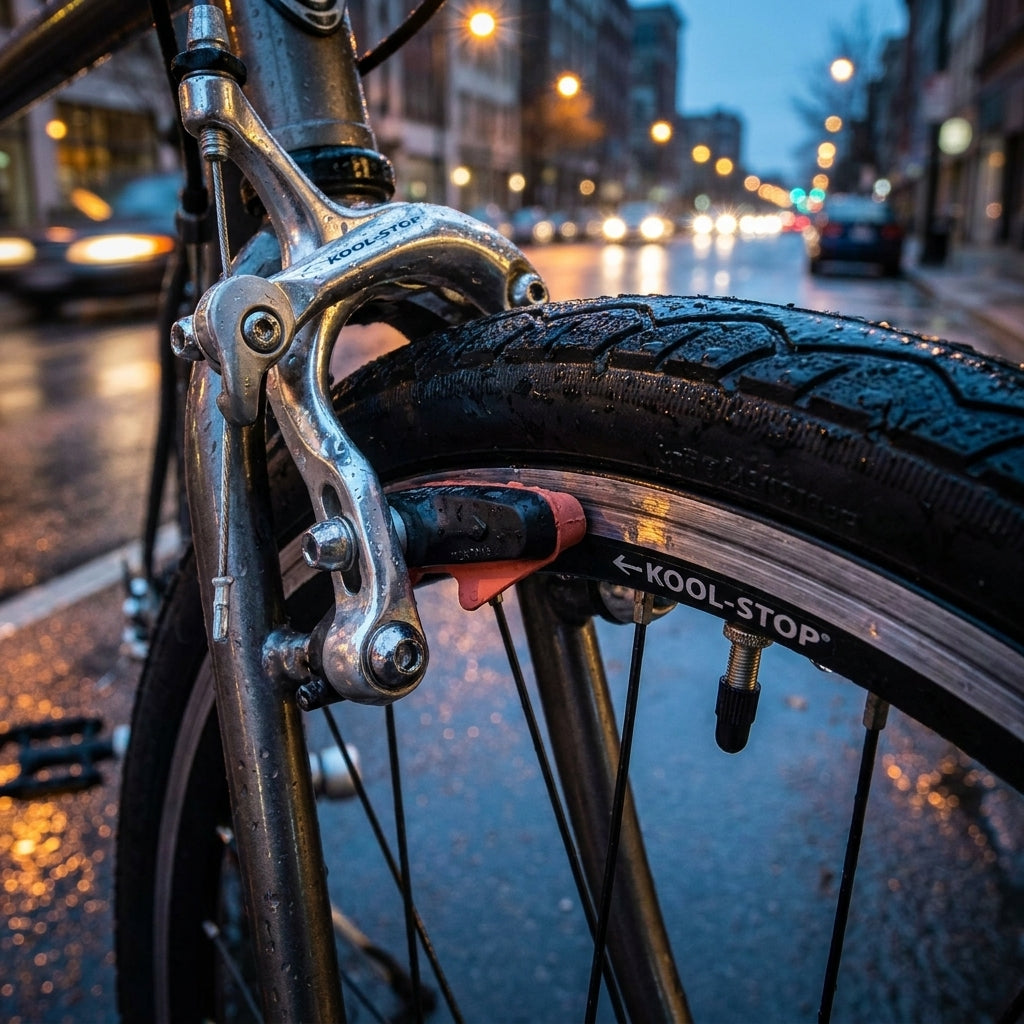 Kool-Stop H5 V-Brake Bremsschuhe am Fahrrad bei Nässe. Optimale Bremsleistung bei jeder Witterung.