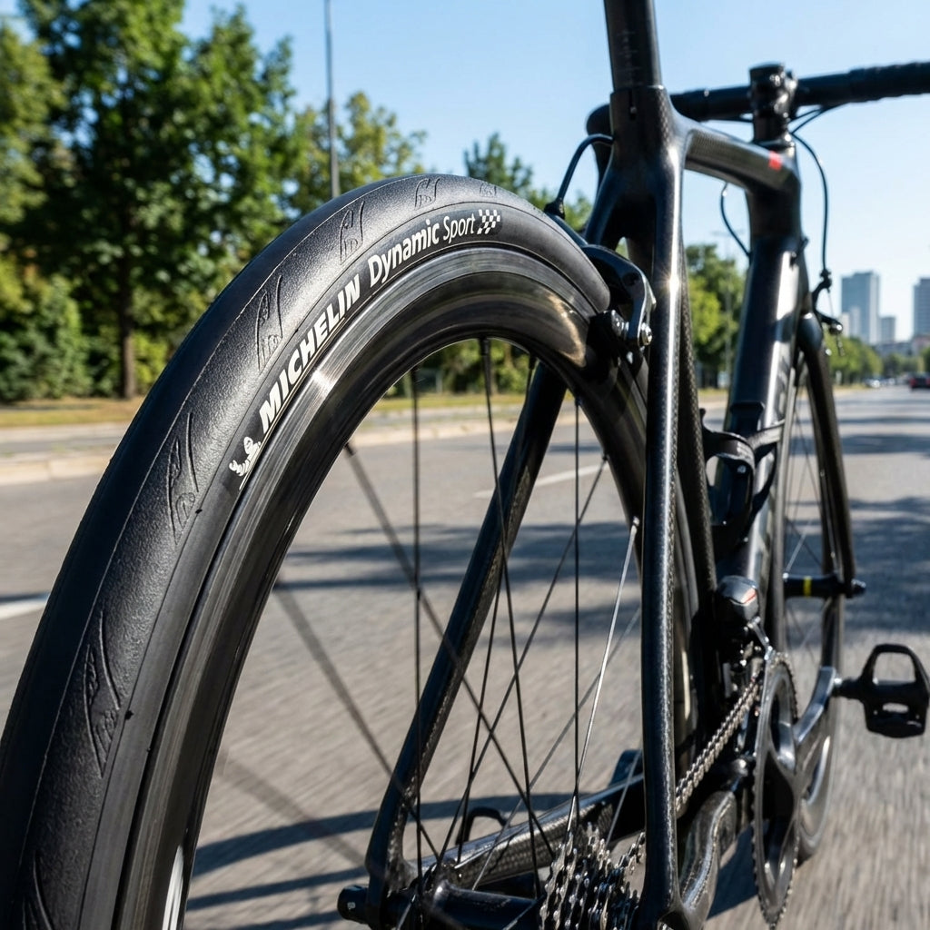 Schwarzer Michelin Dynamic Sport Draht Fahrradreifen 28 Zoll (28-622) am Rennrad-Hinterrad auf der Straße.