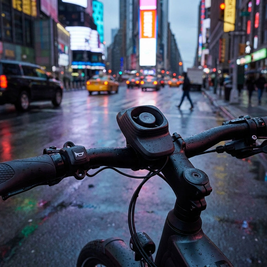 Busch+Müller E-Bike Hupe schwarz am Lenker auf regennasser Stadtstraße, elektrische Fahrradhupe.