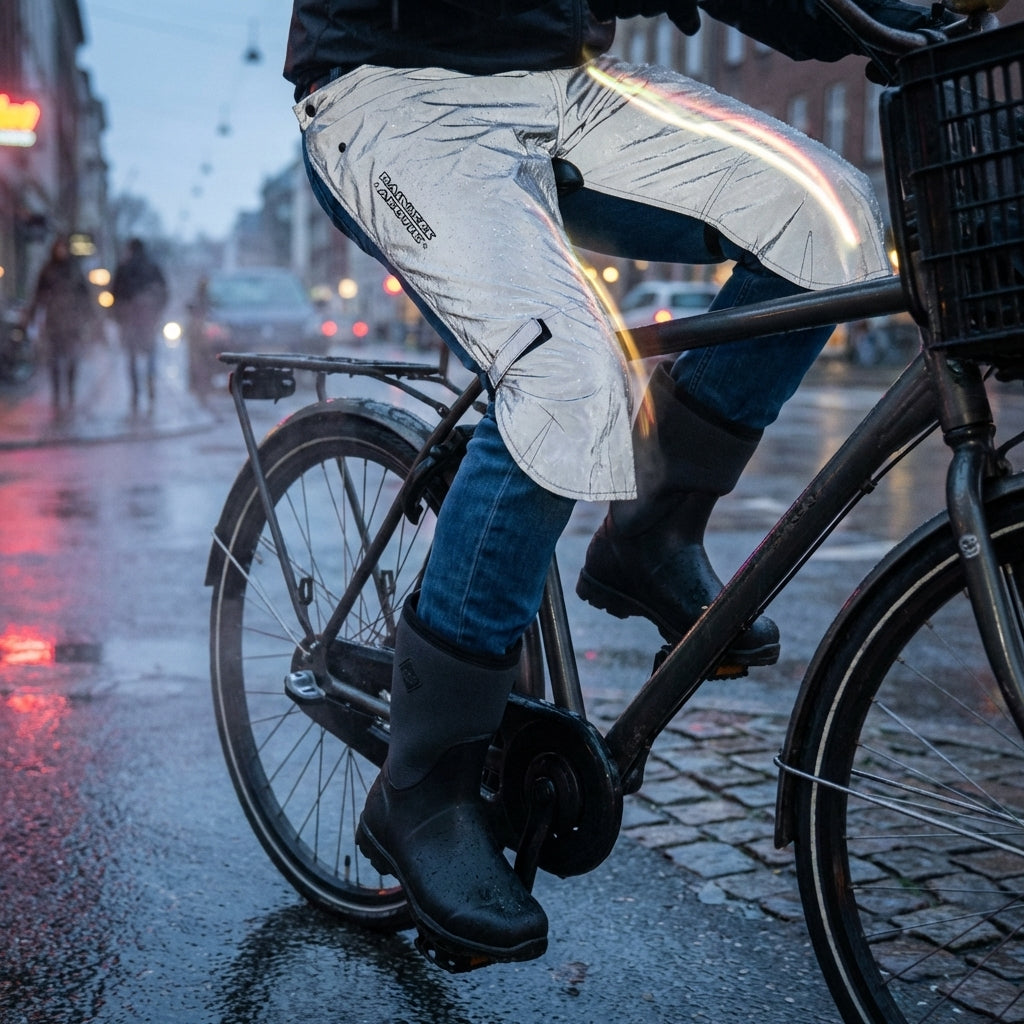 Rainlegs Arctic Beinschützer grau reflektierend an Radfahrer auf nassem Kopfsteinpflaster mit Lichtreflexen.