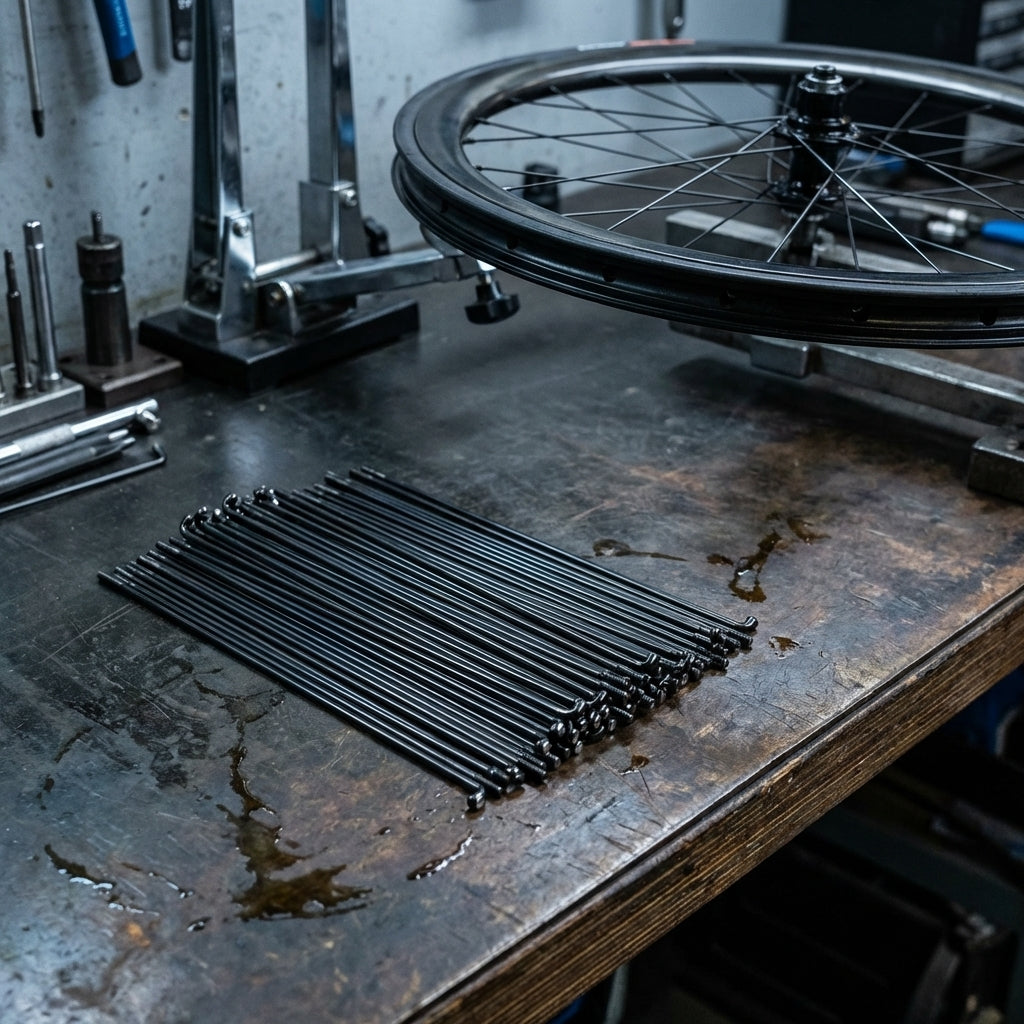 Schwarze cnSpoke STD14C Fahrradspeichen (100 Stk., 290mm, Ø2,0mm) auf Werkbank, Laufrad im Zentrierständer.