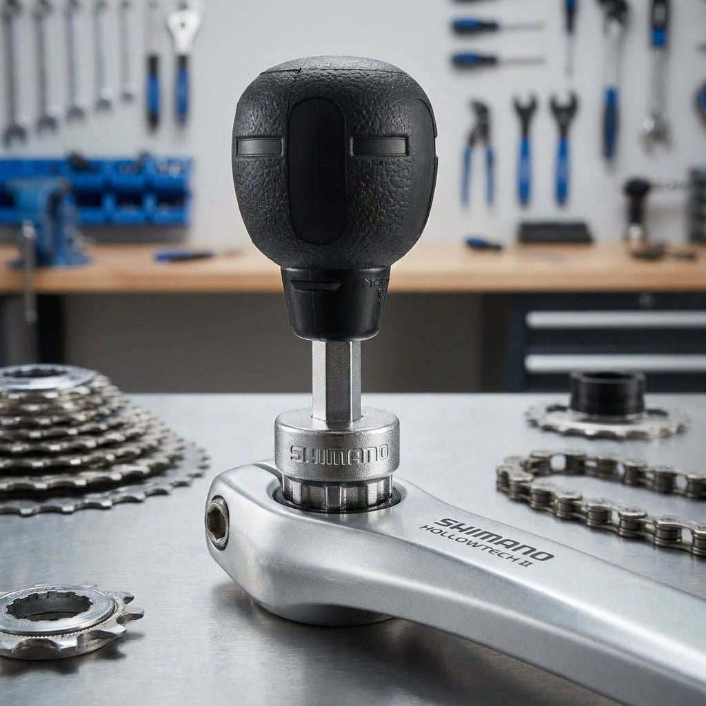 SHIMANO TL-FC18 Kurbelarm-Werkzeug aus Stahl auf HOLLOWTECH II Kurbelarm in einer Fahrradwerkstatt.