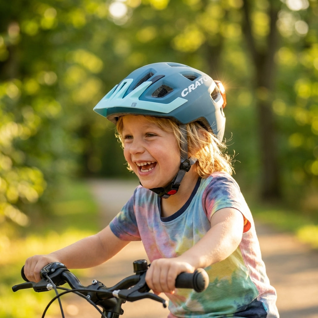 Cratoni Kinderhelm Maxster Pro Kid steel blau matt auf lachendem Kind beim Fahrradfahren.