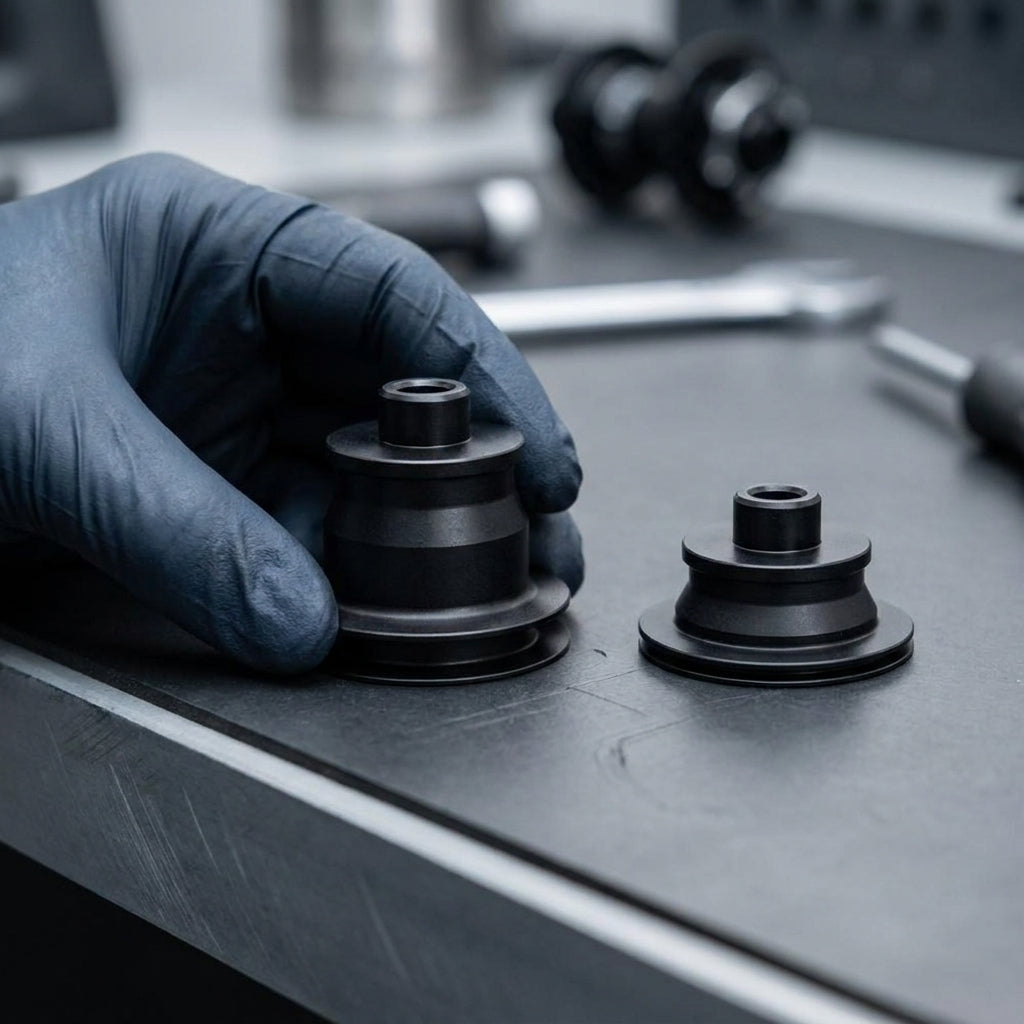 DT Swiss Umrüstkit Achse 15 mm Naben-Umrüstung: Hand hält modernes schwarzes Bauteil auf Werkbank.