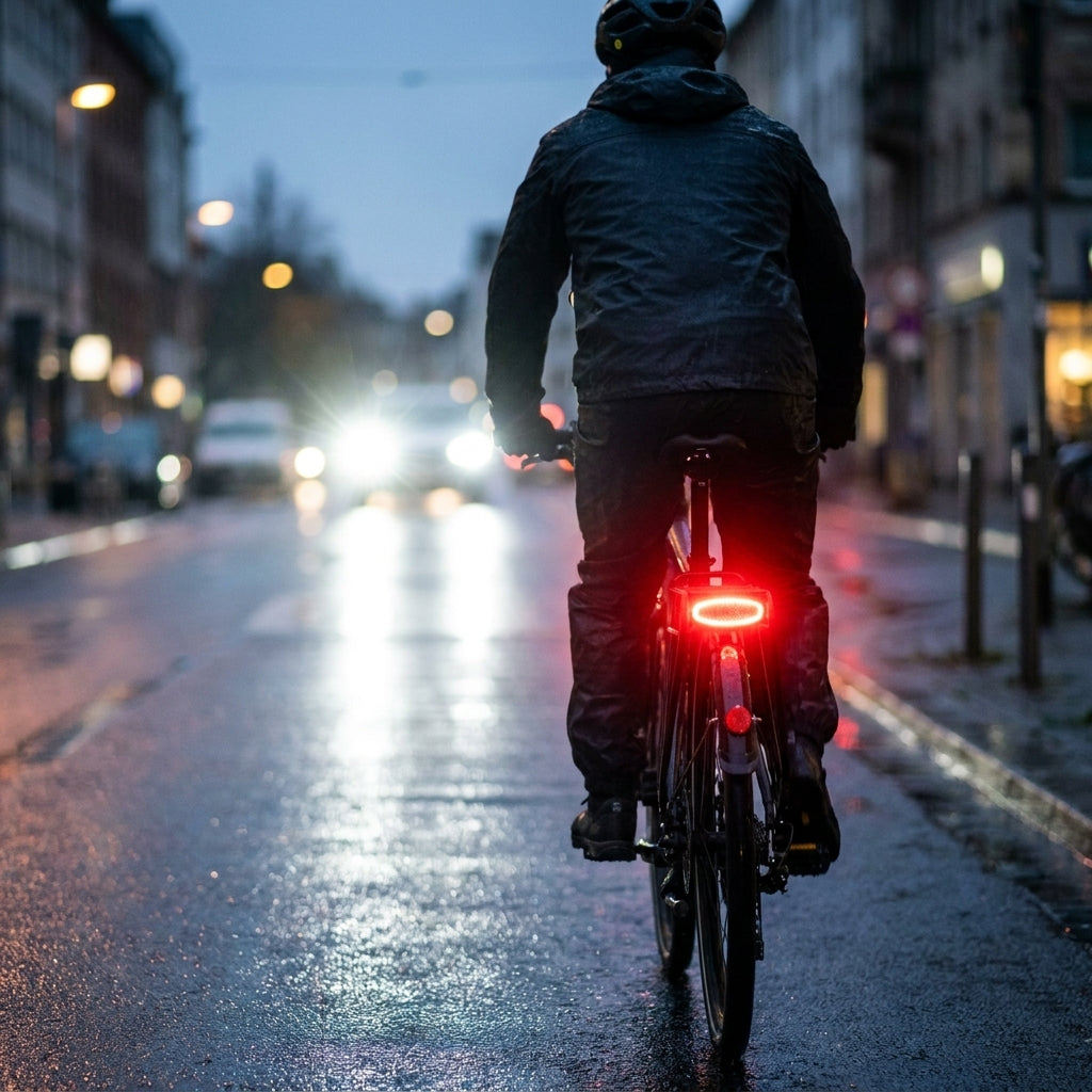 XLC Rücklicht CR-R01 StVZO am Fahrrad-Gepäckträger, leuchtend bei Nacht für optimale Sichtbarkeit & Sicherheit.