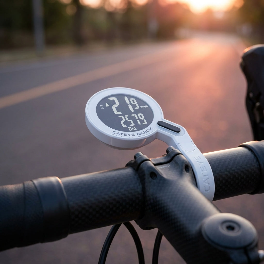 CATEYE Fahrradcomputer Quick Weiß kabelloser Tacho mit Out-Front Design und invertiertem LCD Display für Rennräder.