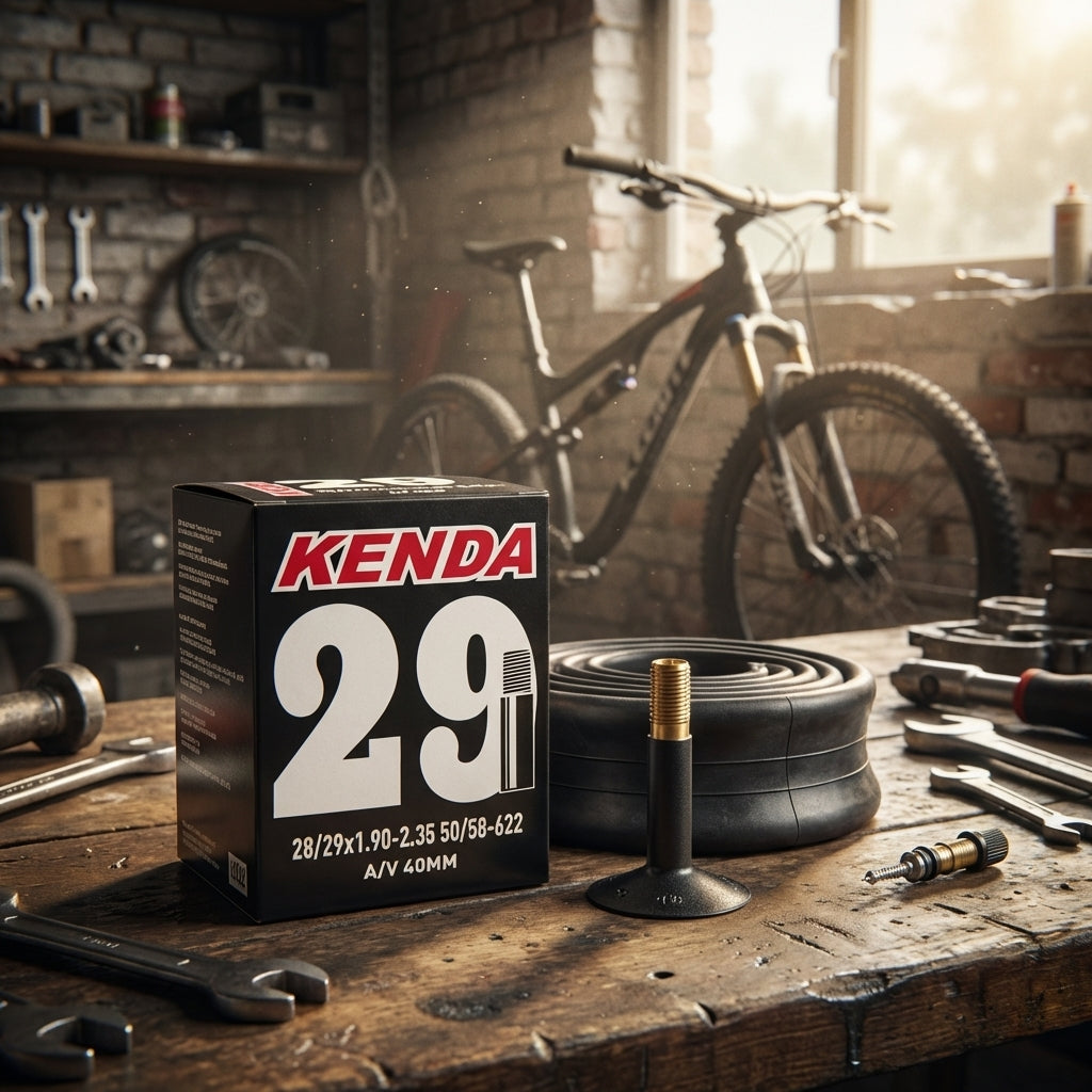 Kenda Schlauch 28/29 Zoll 40mm AV Autoventil auf Werkbank in Fahrradwerkstatt mit Mountainbike im Hintergrund.