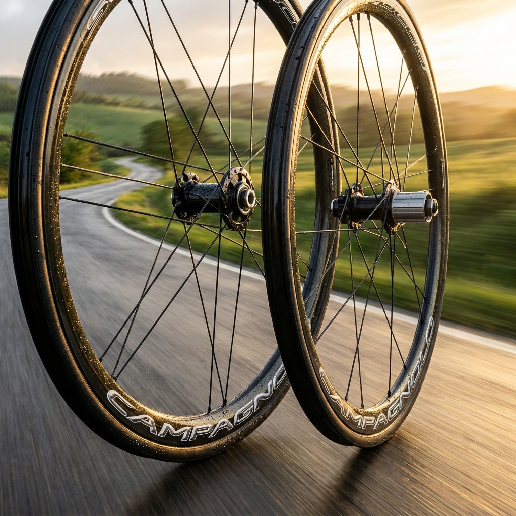 Campagnolo Scirocco DB Laufradsatz auf kurviger Straße im Sonnenuntergang, in Bewegung.