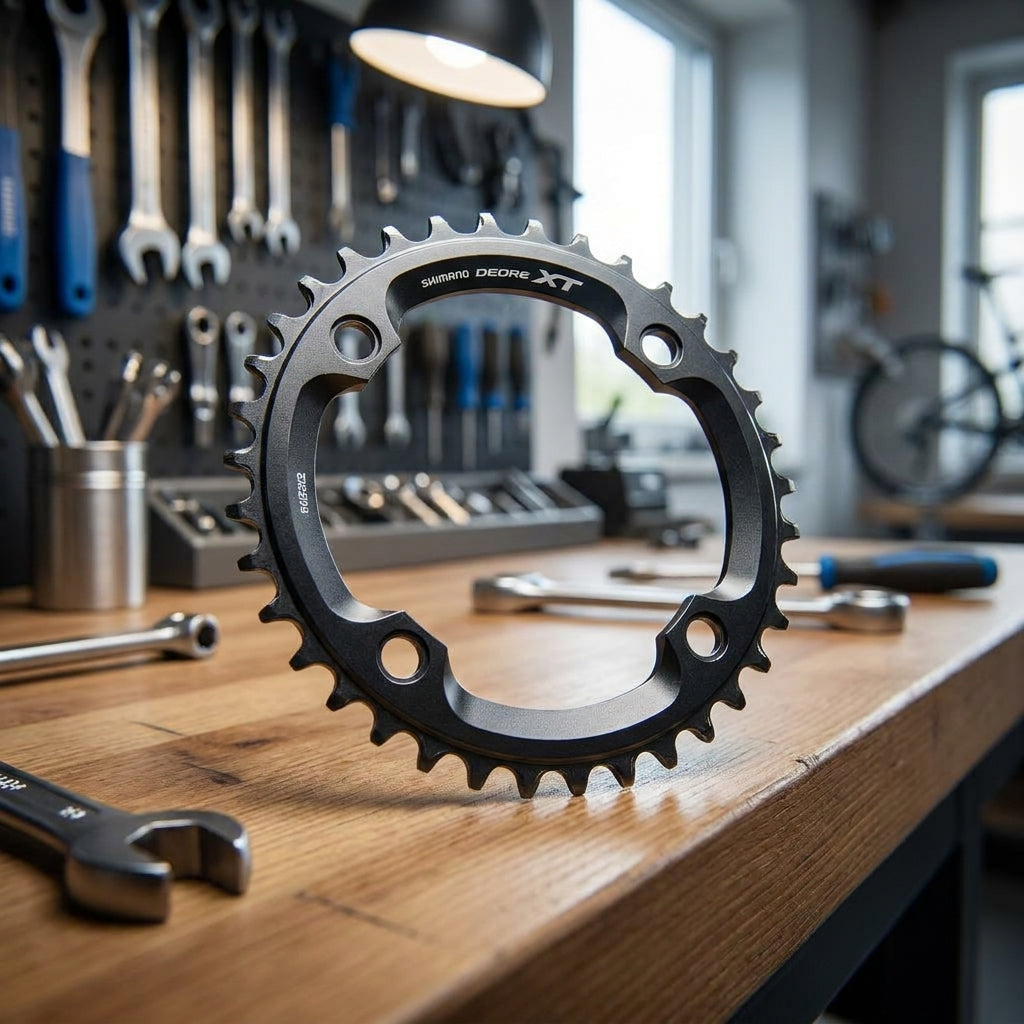 SHIMANO DEORE FC-M782 Kettenblatt 30 Zähne, präziser Antrieb für 10-fach Schaltungen, auf Werkbank.
