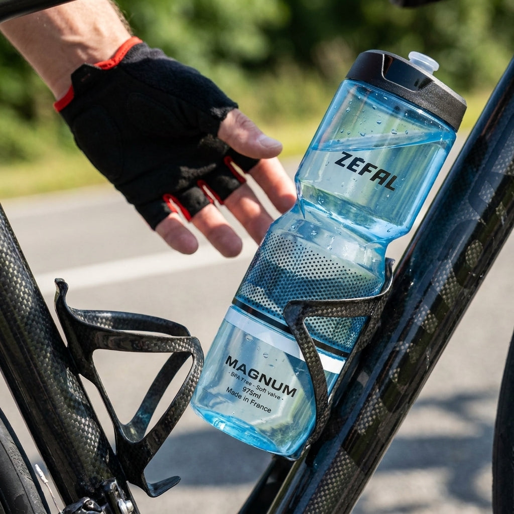 Zéfal Magnum Soft 975ml transparente blaue Fahrrad-Trinkflasche am Rahmen, von Radfahrerhand entnommen.