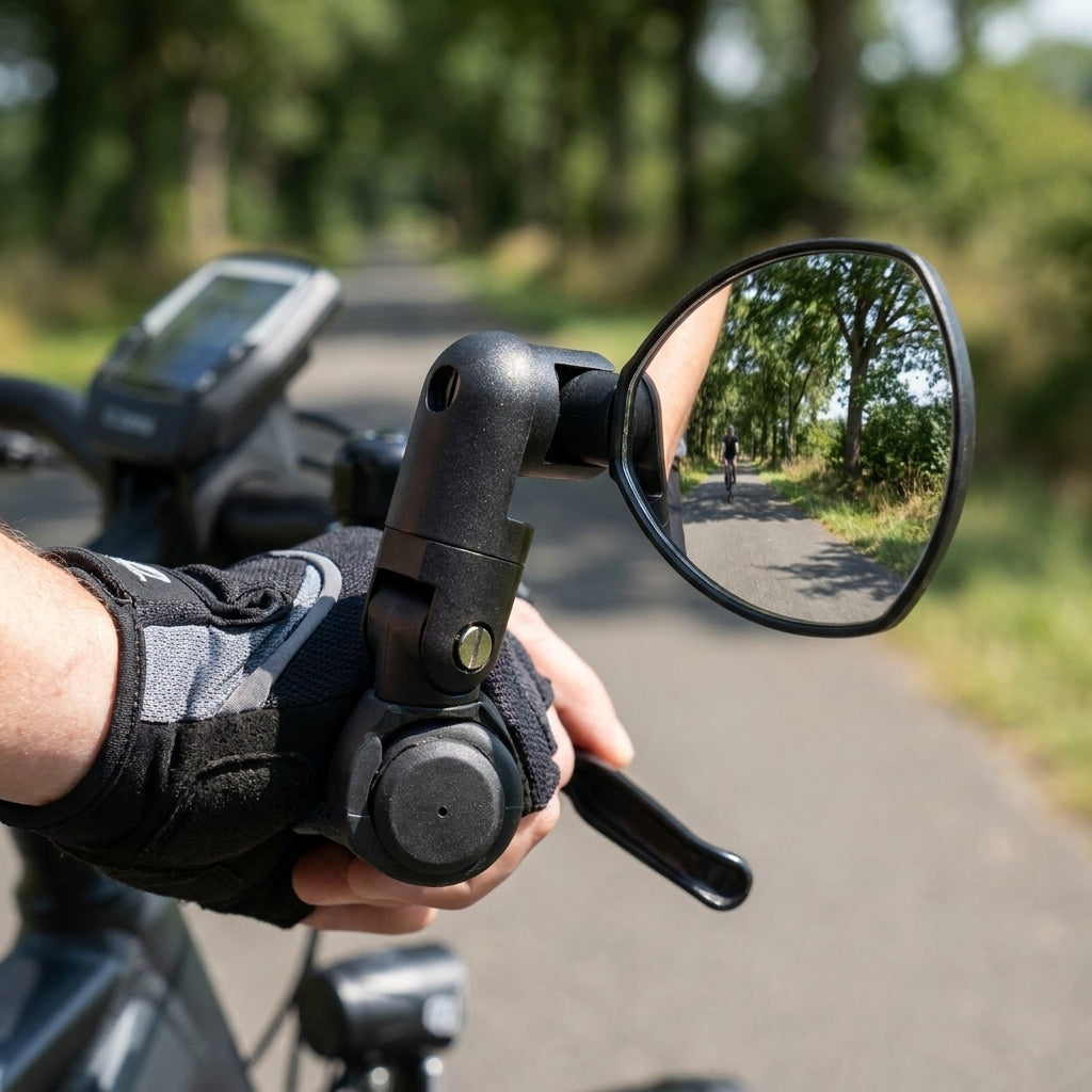 Zéfal Spin 25 verstellbarer Fahrradspiegel am E-Bike Lenker, zeigt reflektierten Radfahrer auf Weg.