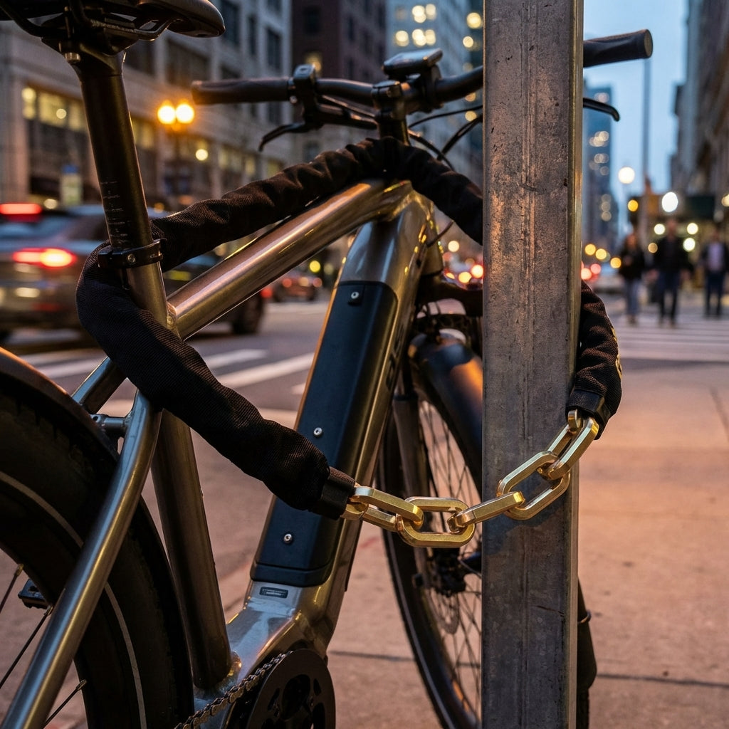 Onguard Revolver 8185 Ketteneinheit mit goldener Kette sichert Fahrrad an Laternenpfahl.