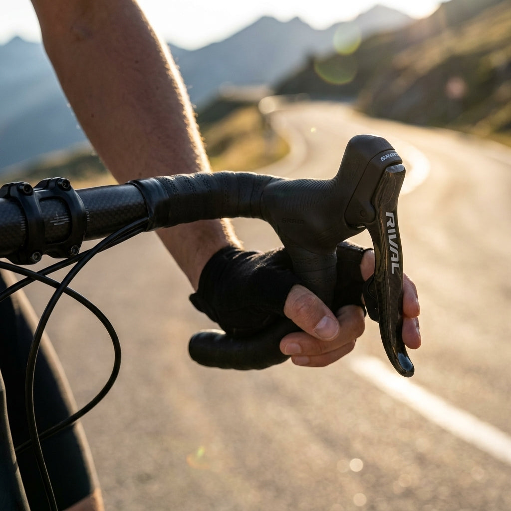 SRAM Rival Schalt-/Bremshebel rechts am Rennrad, Detailaufnahme mit Hand und Handschuh auf Bergstraße.