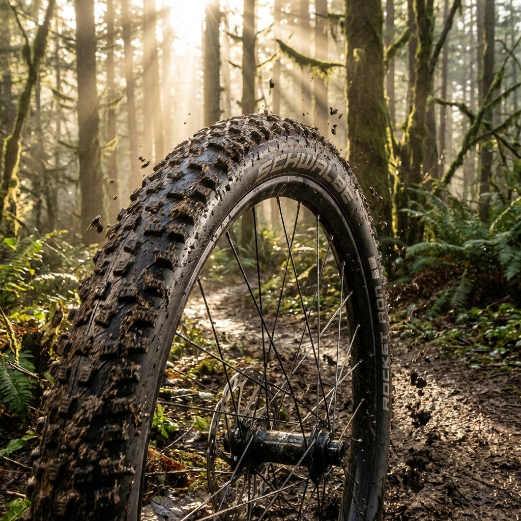 Schwalbe Rocket Ron Faltreifen 26x2.10 im Wald, schlammiger Weg, Sonnenstrahlen.