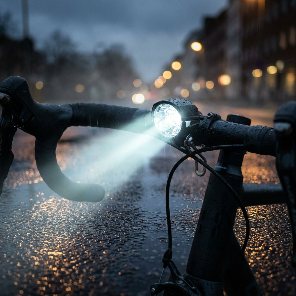 Busch+Müller Lumotec Dopp N plus Dynamo-Scheinwerfer am Fahrrad, leuchtet hell bei Regen in der Nacht.