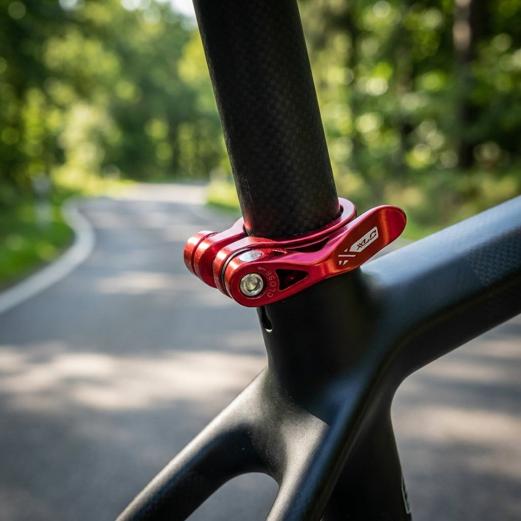 Roter XLC PC-L04 Sattelstütz-Klemmring aus Aluminium mit Schnellspanner. Für schnelle Sattelhöhenverstellung am Fahrrad.