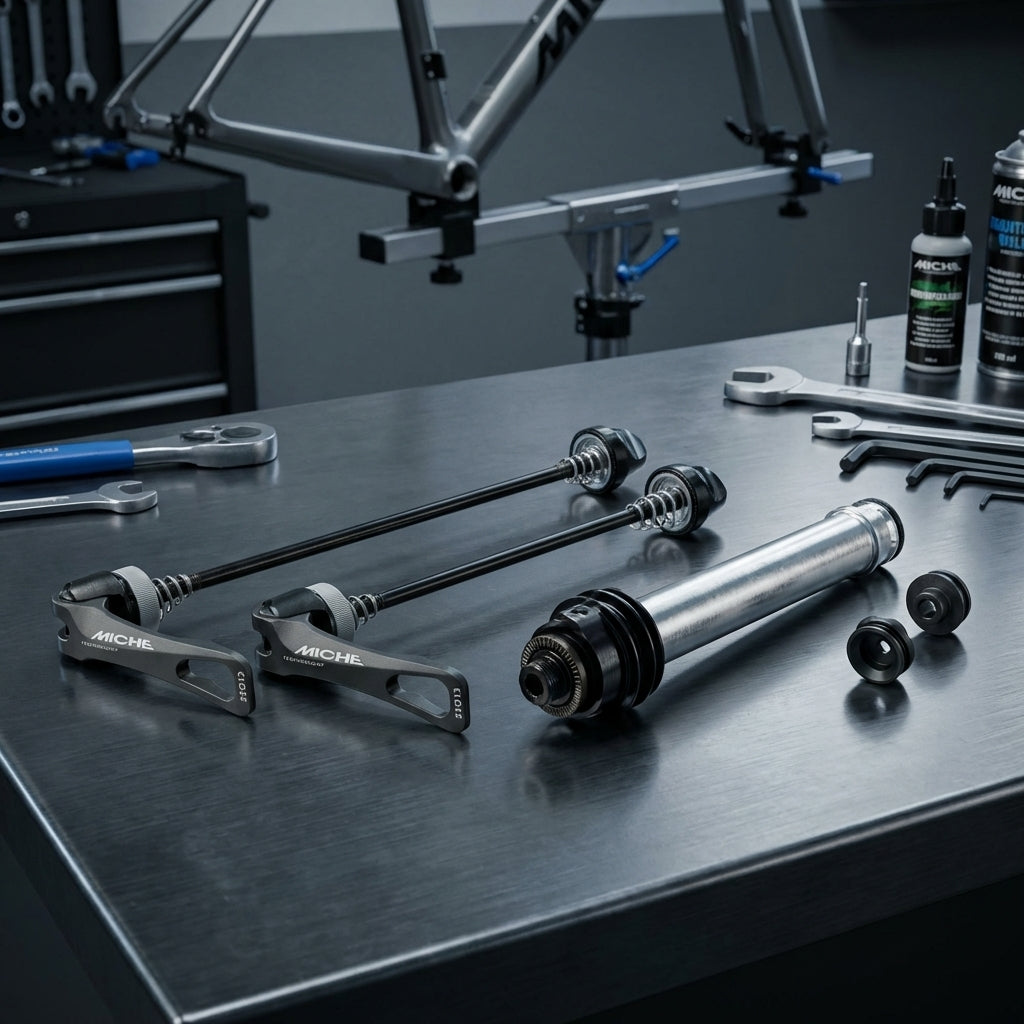 Miche Umbauset Steckachse auf QR Centerlock, Schnellspanner & Fahrradteile in Werkstatt.